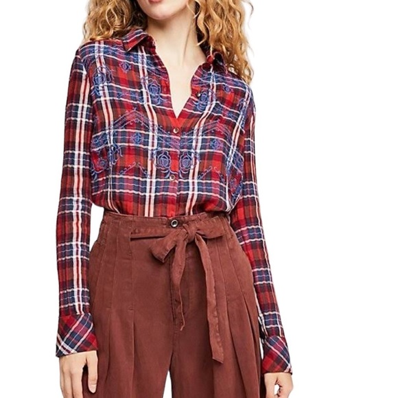 Free People Magical Plaid Embroideree Buttondown Top - Picture 5 of 16